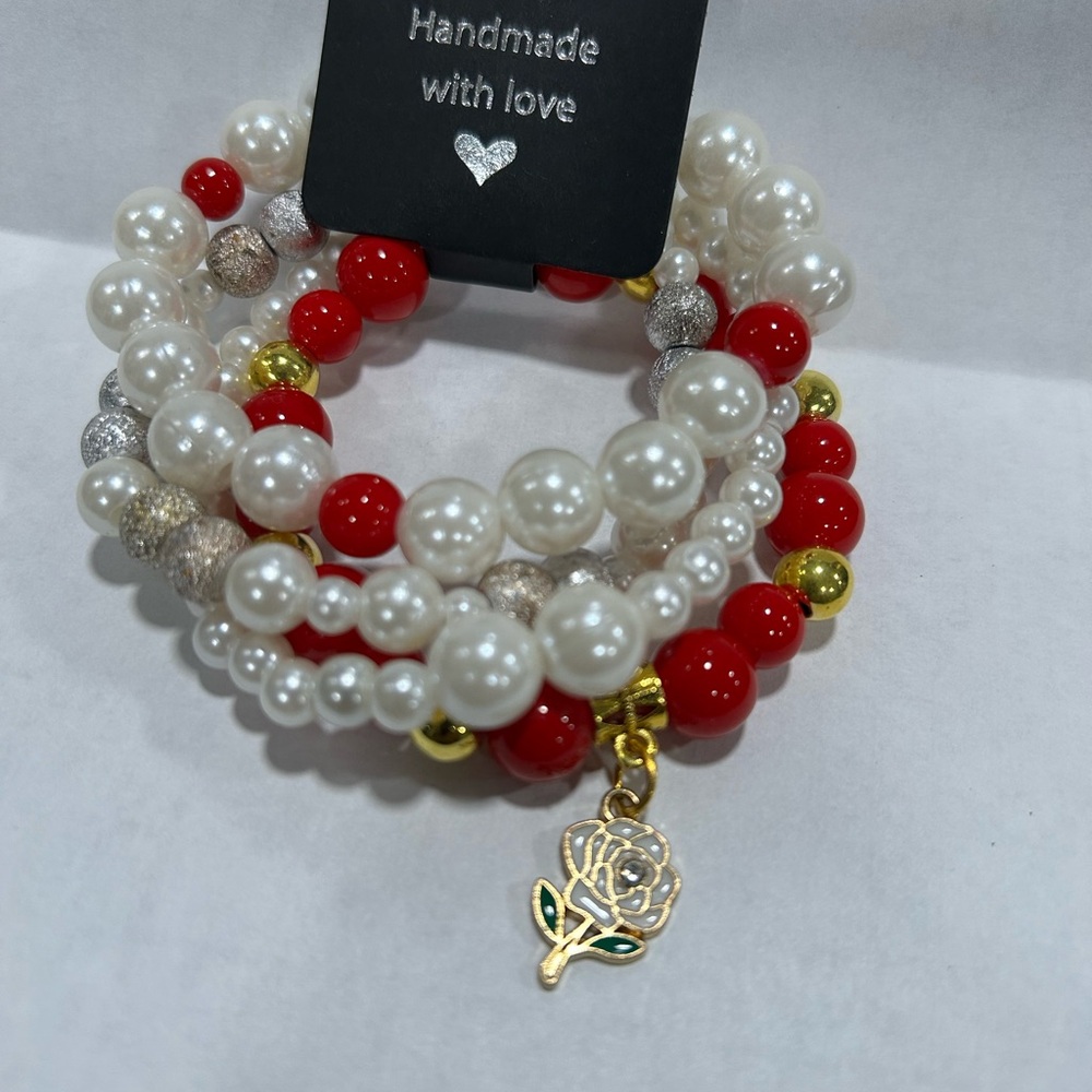 Handmade Pearl and Red Bead Bracelet Set